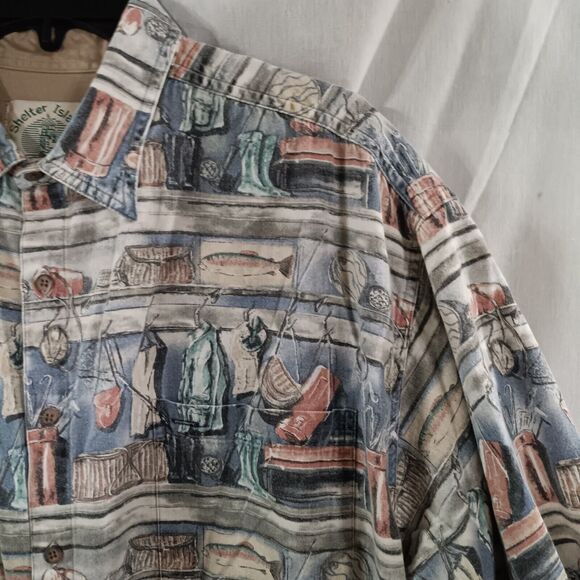 Vntg Shelter Island Hawaiian Outfitters Shirt AOP Fishing Motif Mens Size XL - Picture 1 of 4